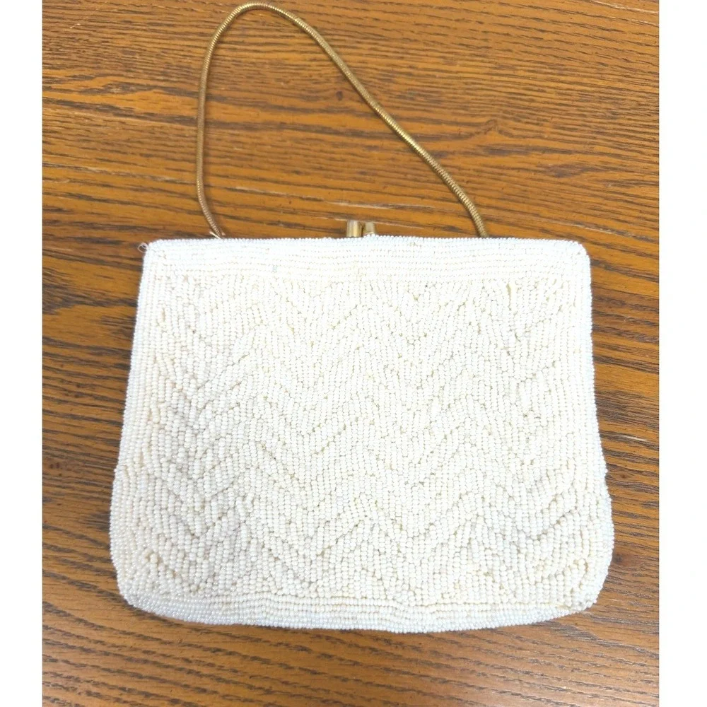 Vintage La Regale Beaded Chevron Evening Bag Cream Gold Chain Clutch Hong Kong